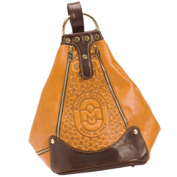 Marino Orlandi Cognac Chocolate Leather Embossed Convertible Sling Backpack - Picture 4 of 10